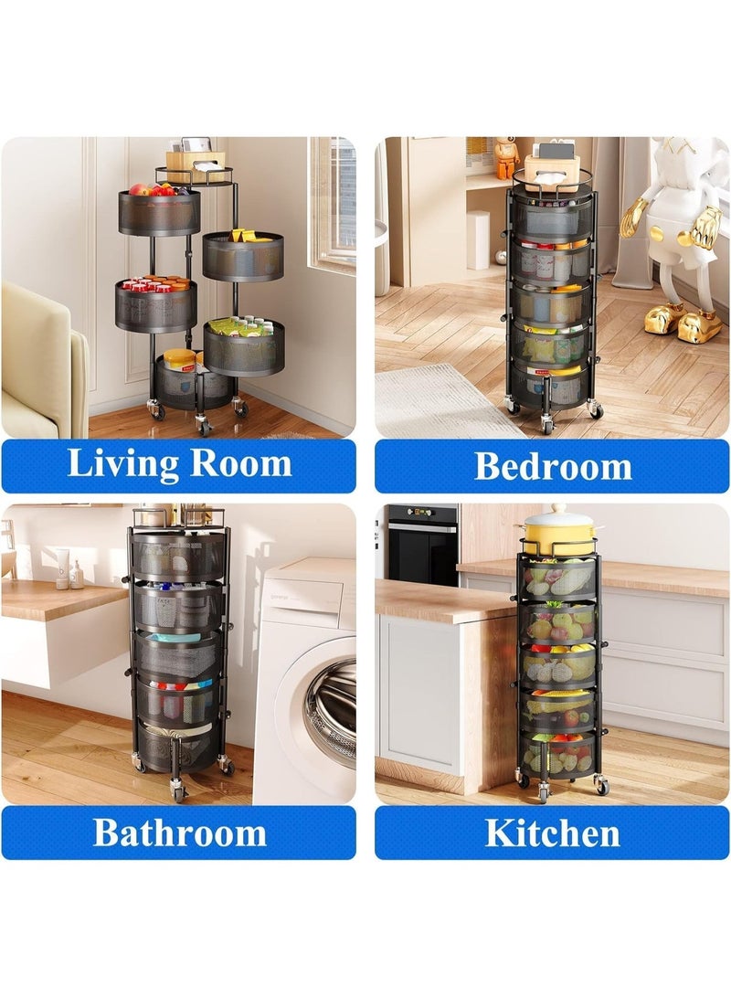 ناما عربة مطبخ 360 توربو بعجلات، منظم مطبخ وحلول تخزين للمنظمات المستديرة وإكسسوارات المطبخ، رف خضار دوار للمطبخ (أسود، ٥ طبقات) - Image 5